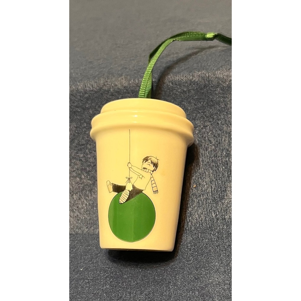 Starbucks 2015 Holiday Coffee Cup Ceramic Ornament Boy Green Ball Illustration